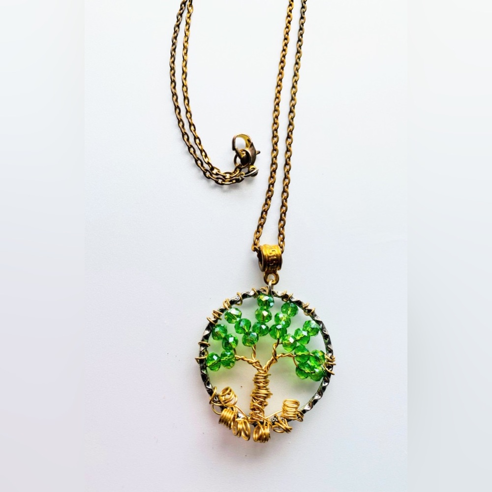 Green crystal beaded wire wrapped tree necklace